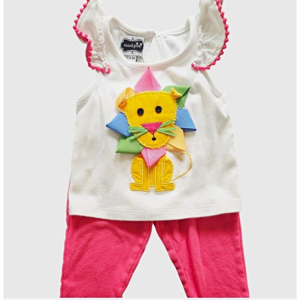 Mud Pie Girls 2PC Knit Pants Set Lion Sleeveless Top Pink/White 6-9 Months